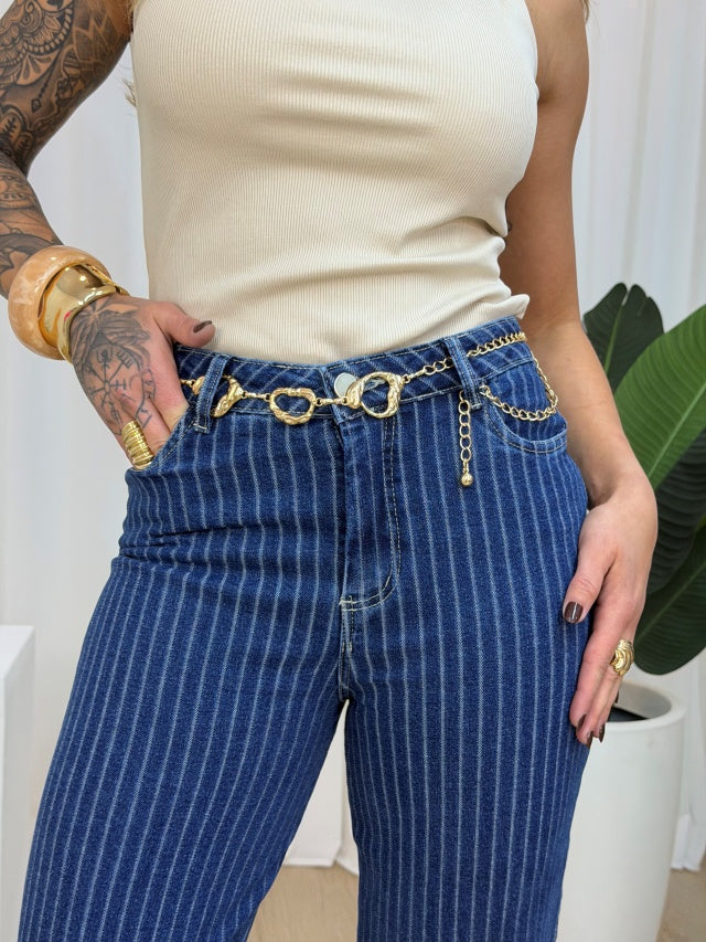 Calça straight listrada jeans