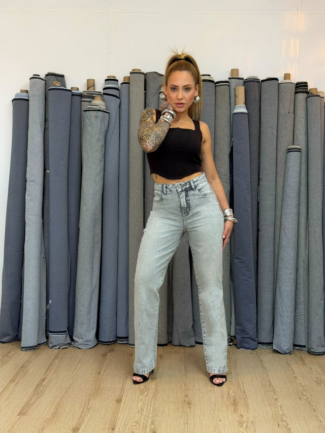 Calça straight Cinza com Strass na Lateral