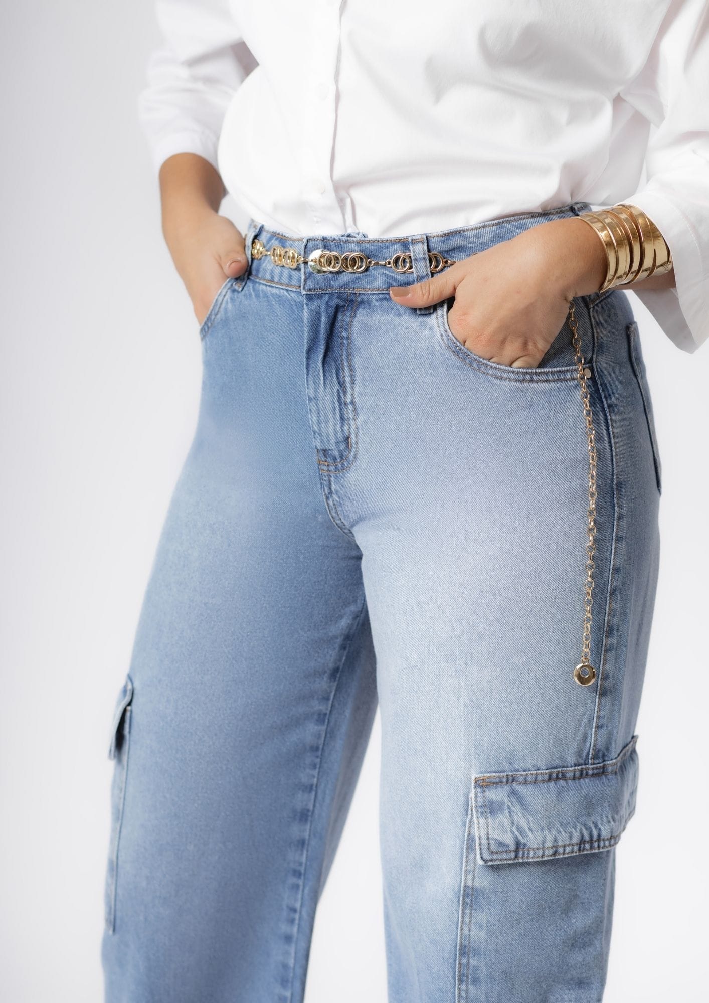 Calça Jeans Feminina Wide Leg Cargo Azul Claro - Imagem 2
