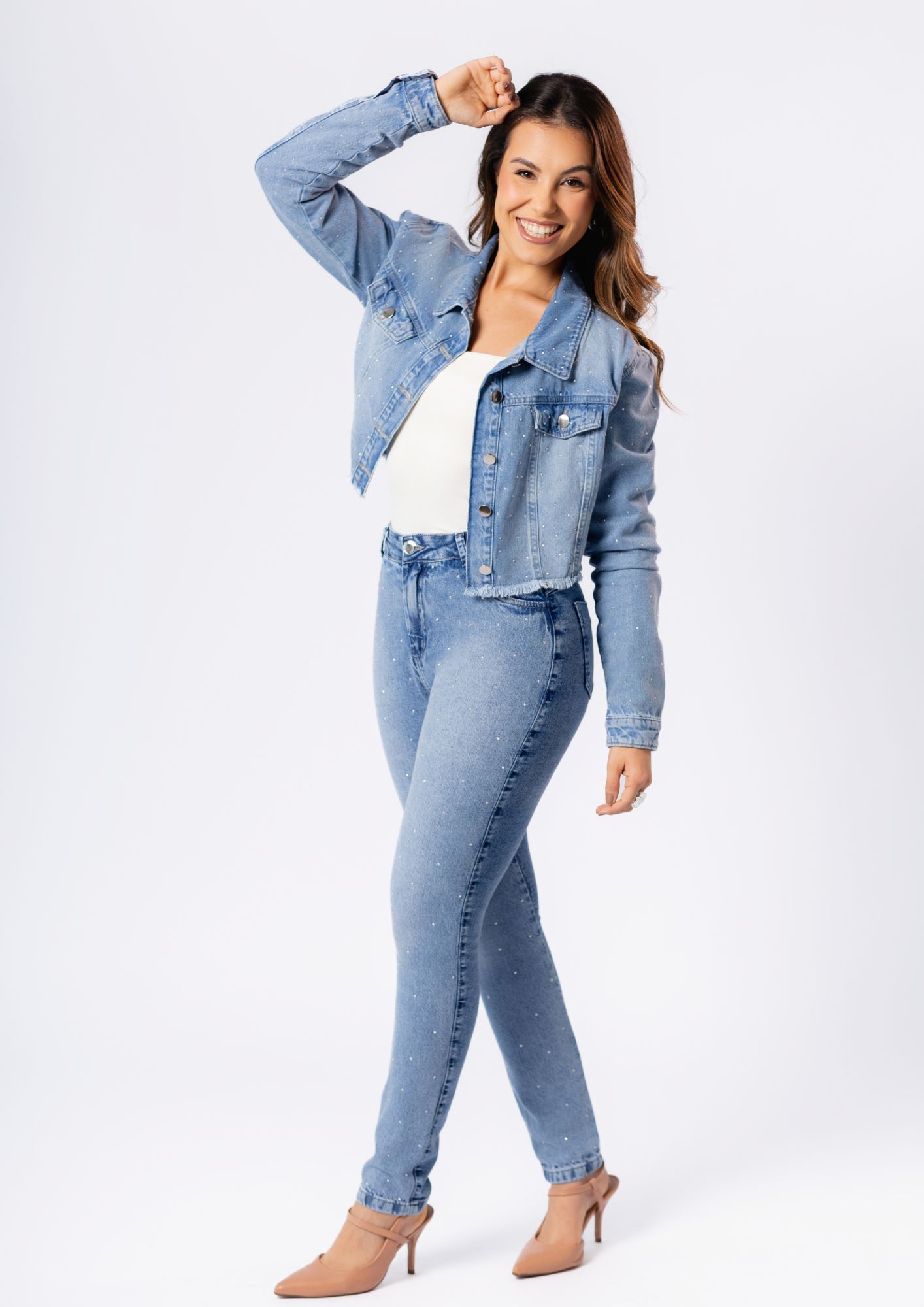 Calça Jeans Feminina Reta com Strass