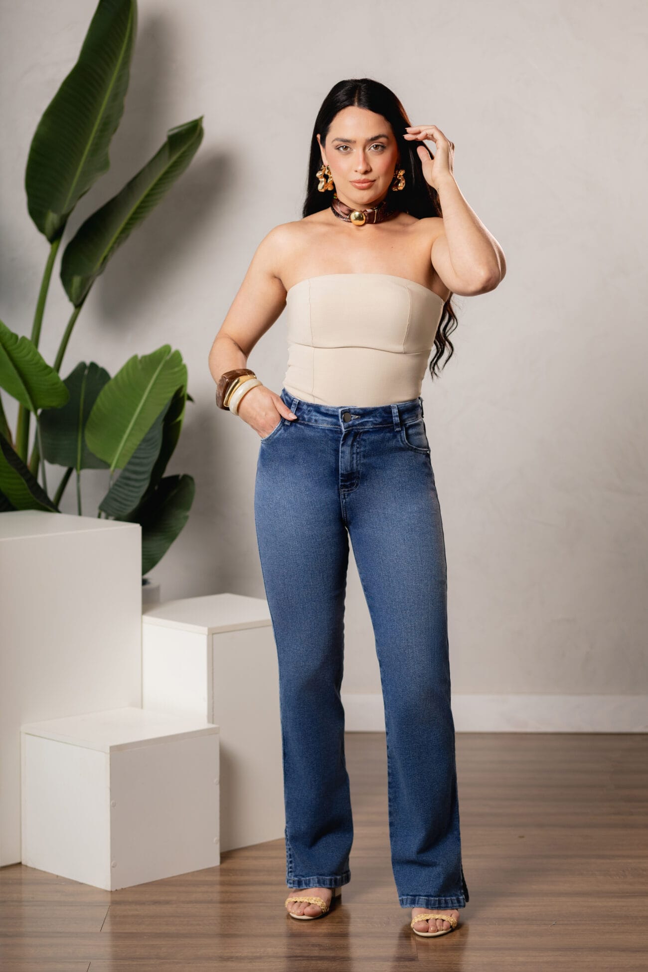Calça Jeans Feminina Reta Azul Médio