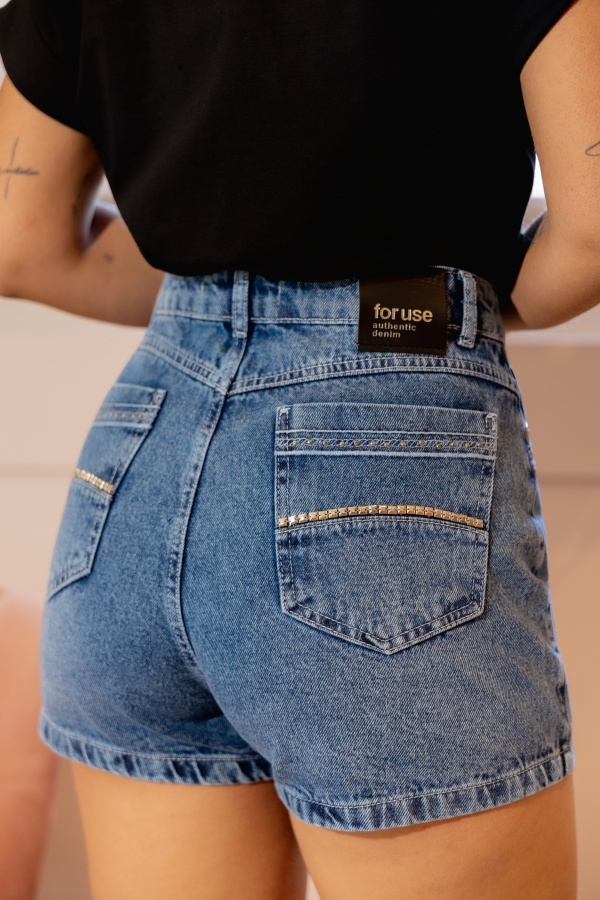 Short Jeans Feminino Cintura Alta com Strass - Imagem 6