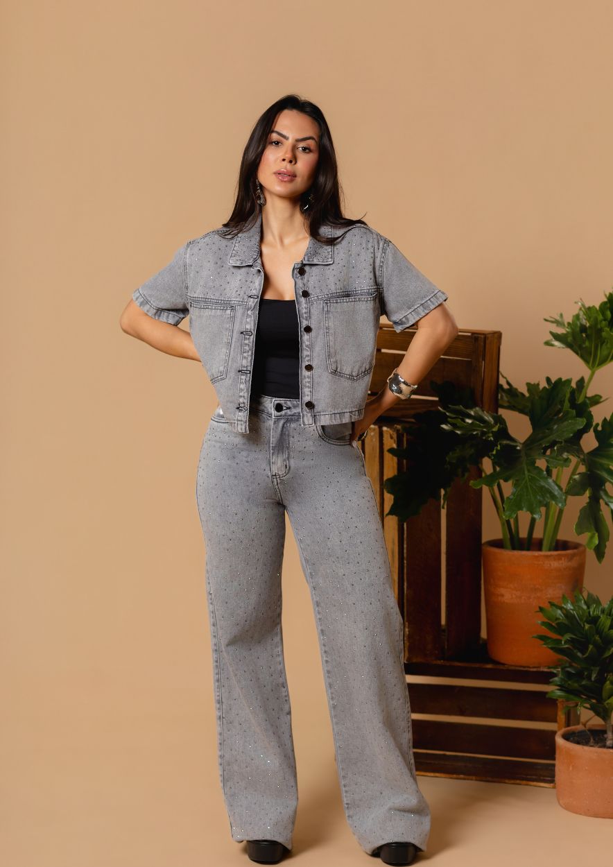 Calça Jeans Wide Leg com Strass