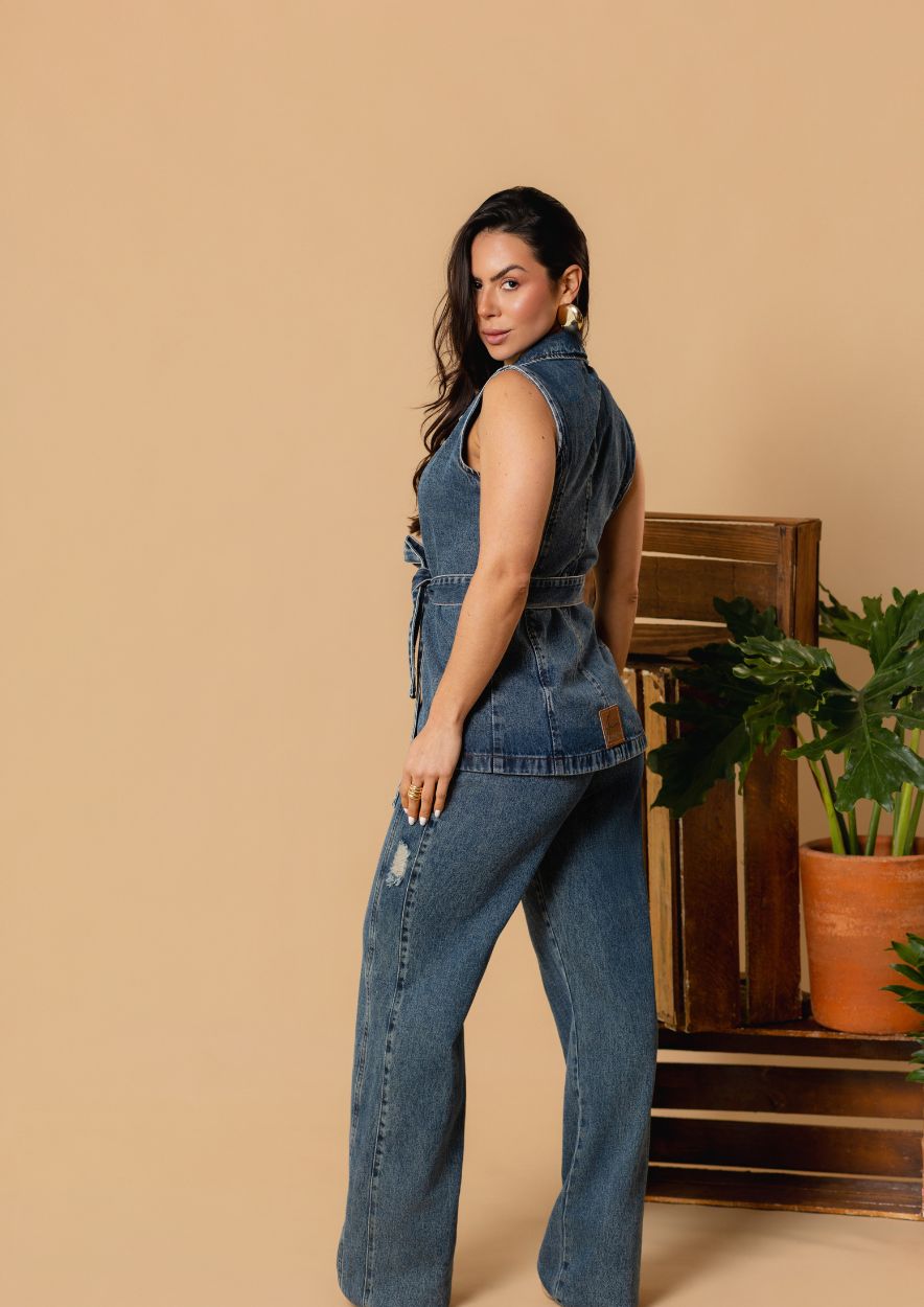 Colete Jeans Alongado com Cinto - Imagem 3