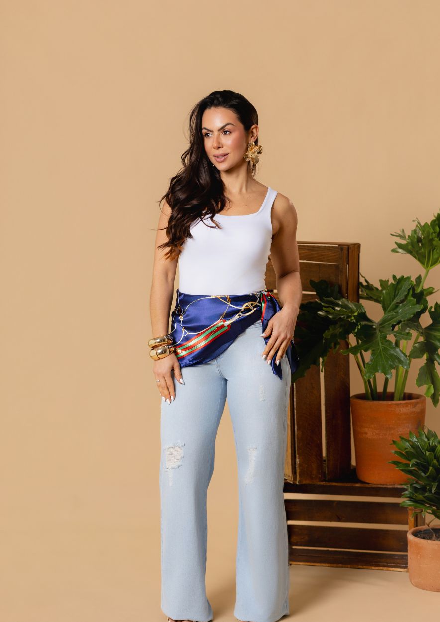 Calça Wide Leg Com Destroyed no Joelho