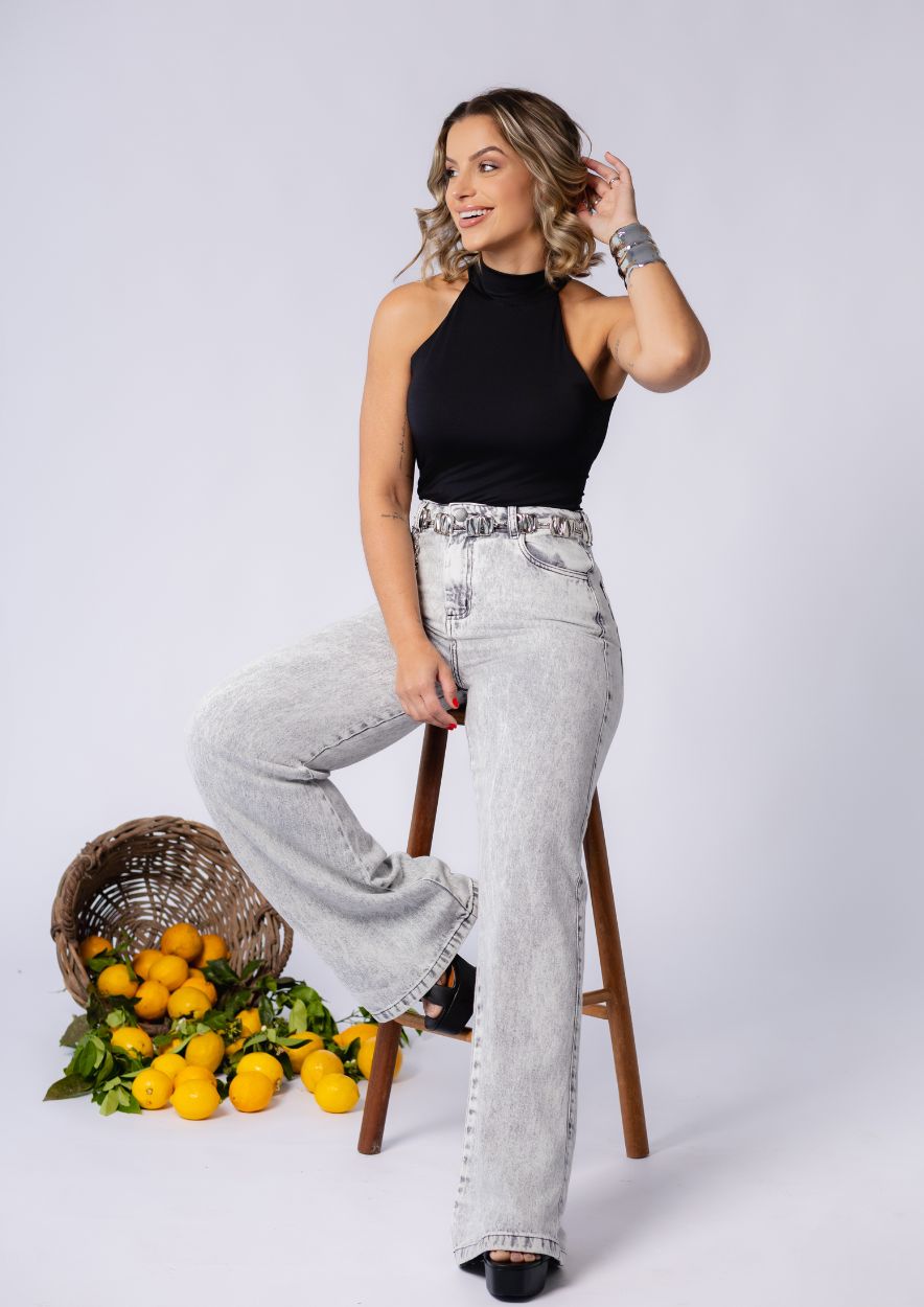 Calça Jeans Cinza Estonada Wide Leg