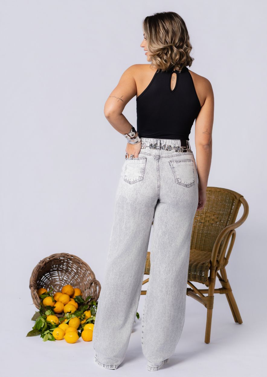 Calça Jeans Cinza Estonada Wide Leg - Imagem 3