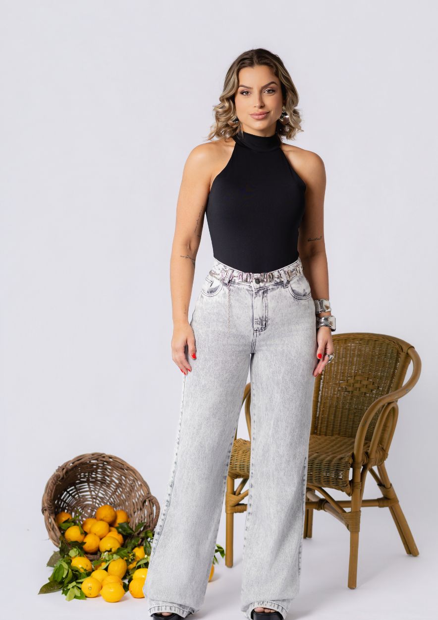 Calça Jeans Cinza Estonada Wide Leg - Imagem 2