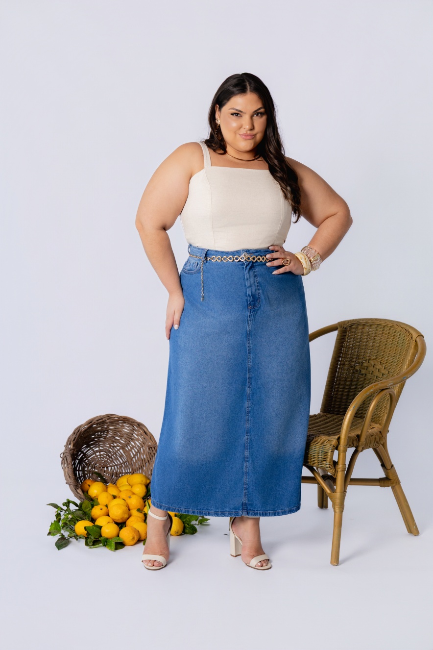 Saia Jeans Midi Cintura Alta