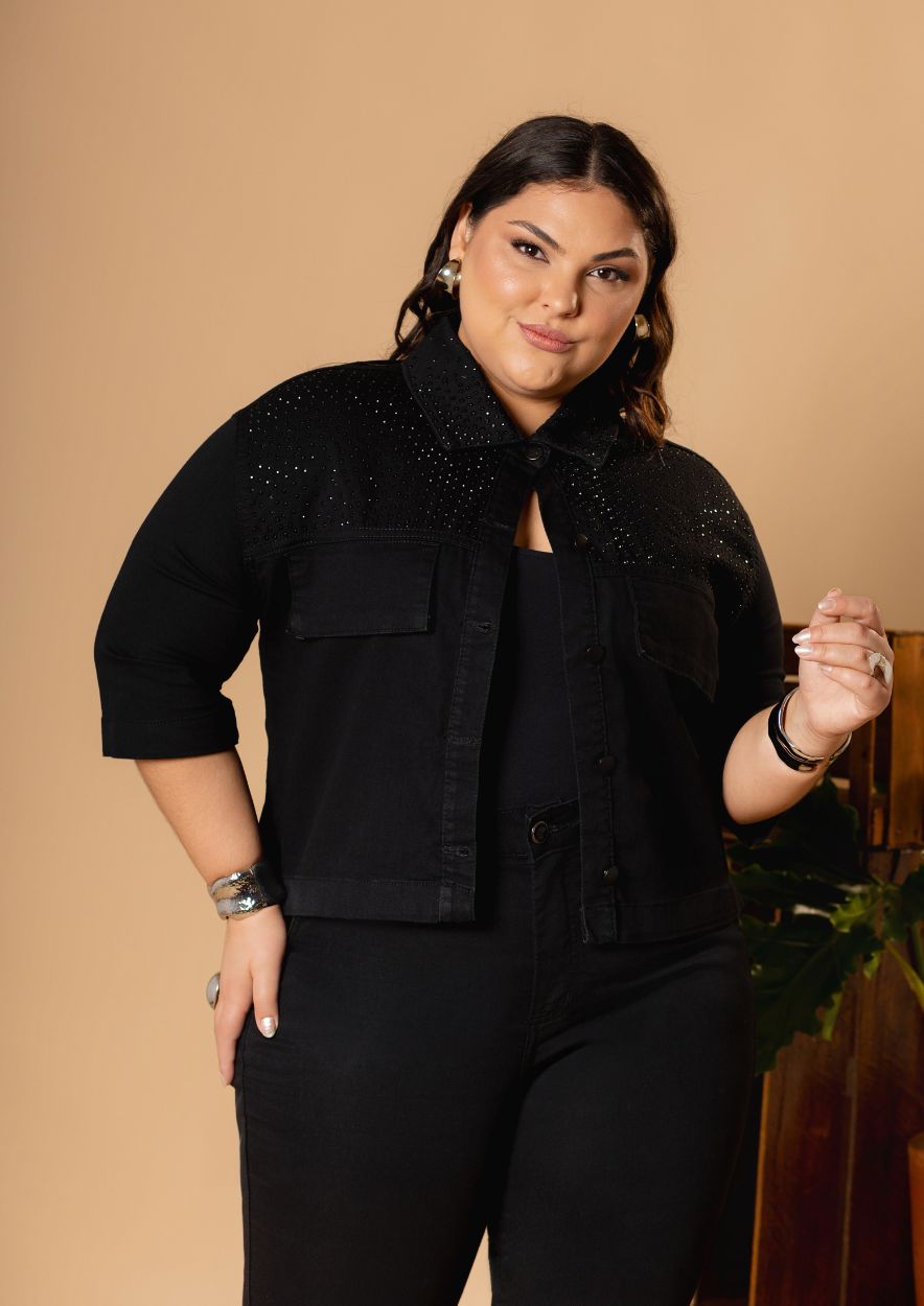 Camisa Cropped Preta Feminina com Strass