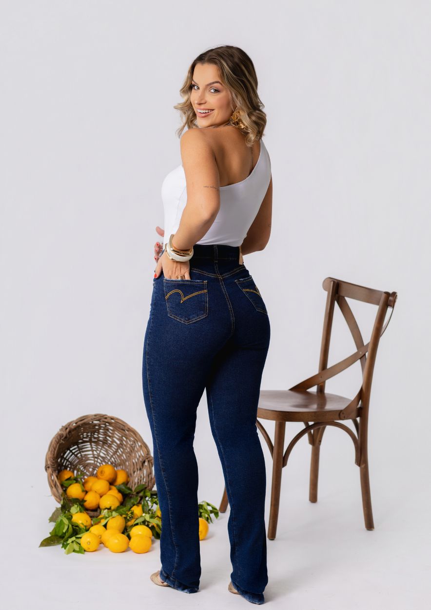Calça Jeans Feminina Reta Azul Escuro - Imagem 3