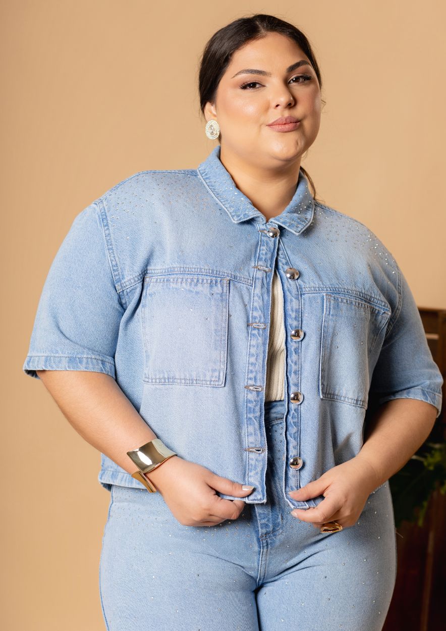 Camisa Cropped Jeans Feminina Plus Size com Strass