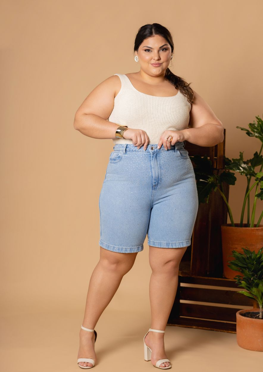 Bermuda Jeans Feminina Plus Size com Strass
