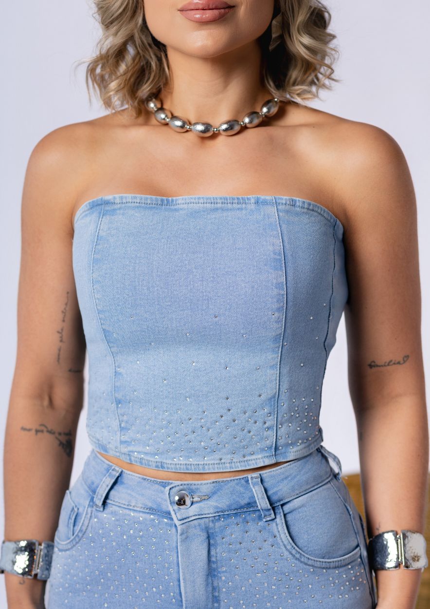 Top Jeans Tomara que Caia com Strass