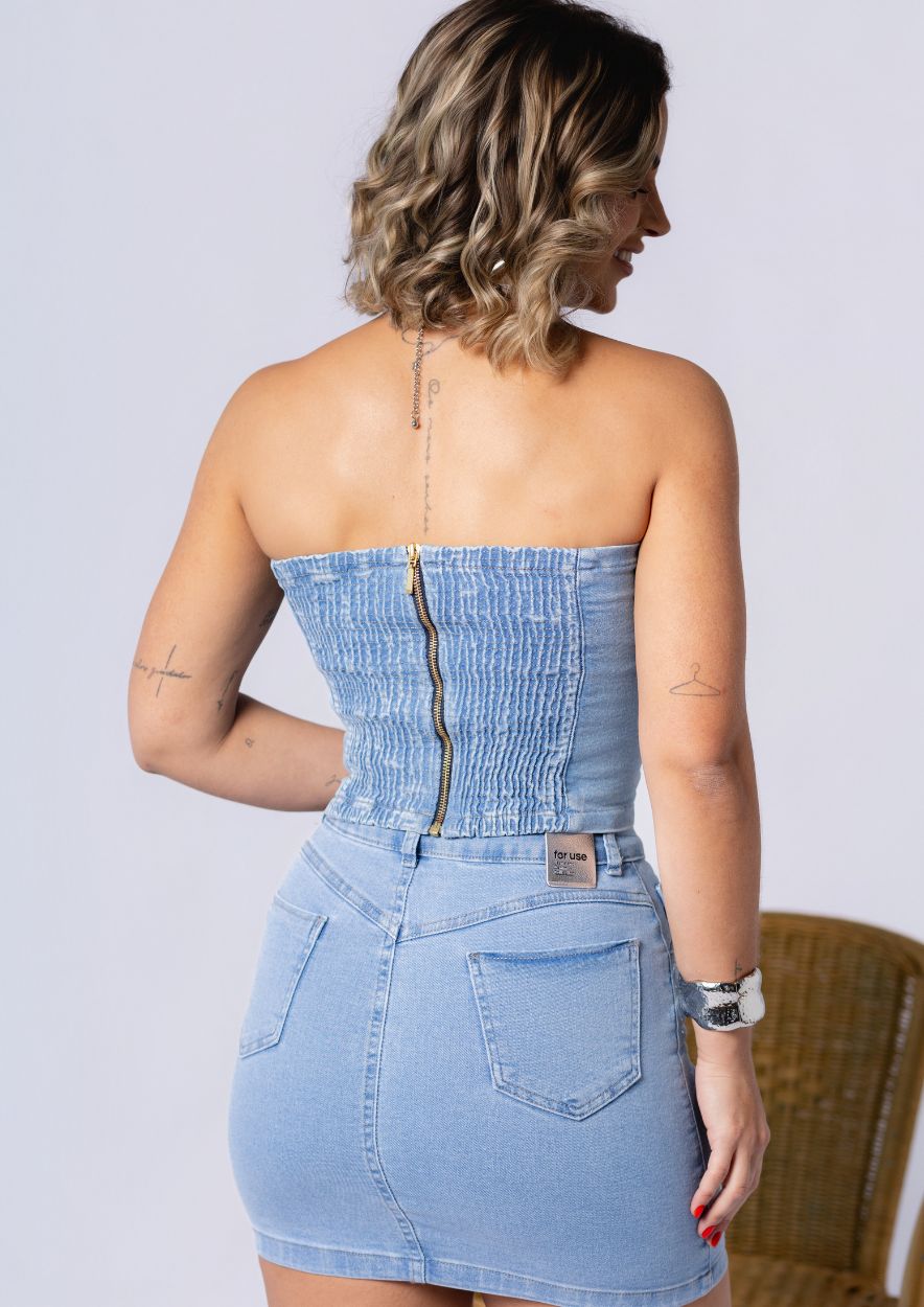 Mini Saia Jeans com Aplicação de Strass - Imagem 4