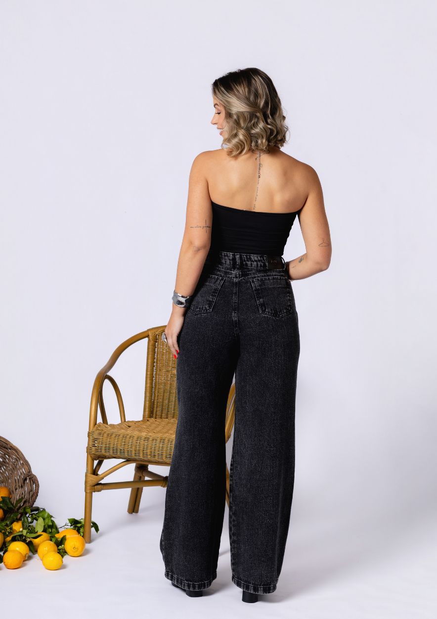 Calça Jeans Wide Leg Preta com Strass - Imagem 3
