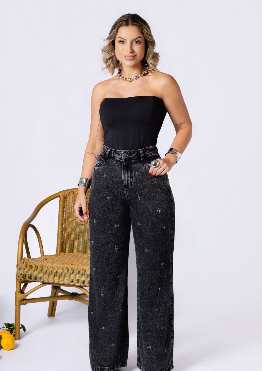 Calça Jeans Wide Leg Preta com Strass