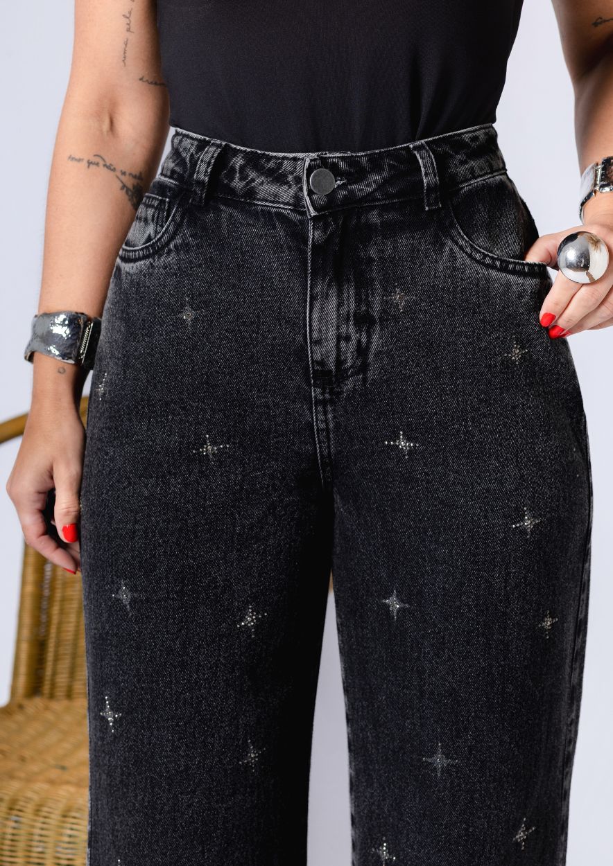 Calça Jeans Wide Leg Preta com Strass - Imagem 2