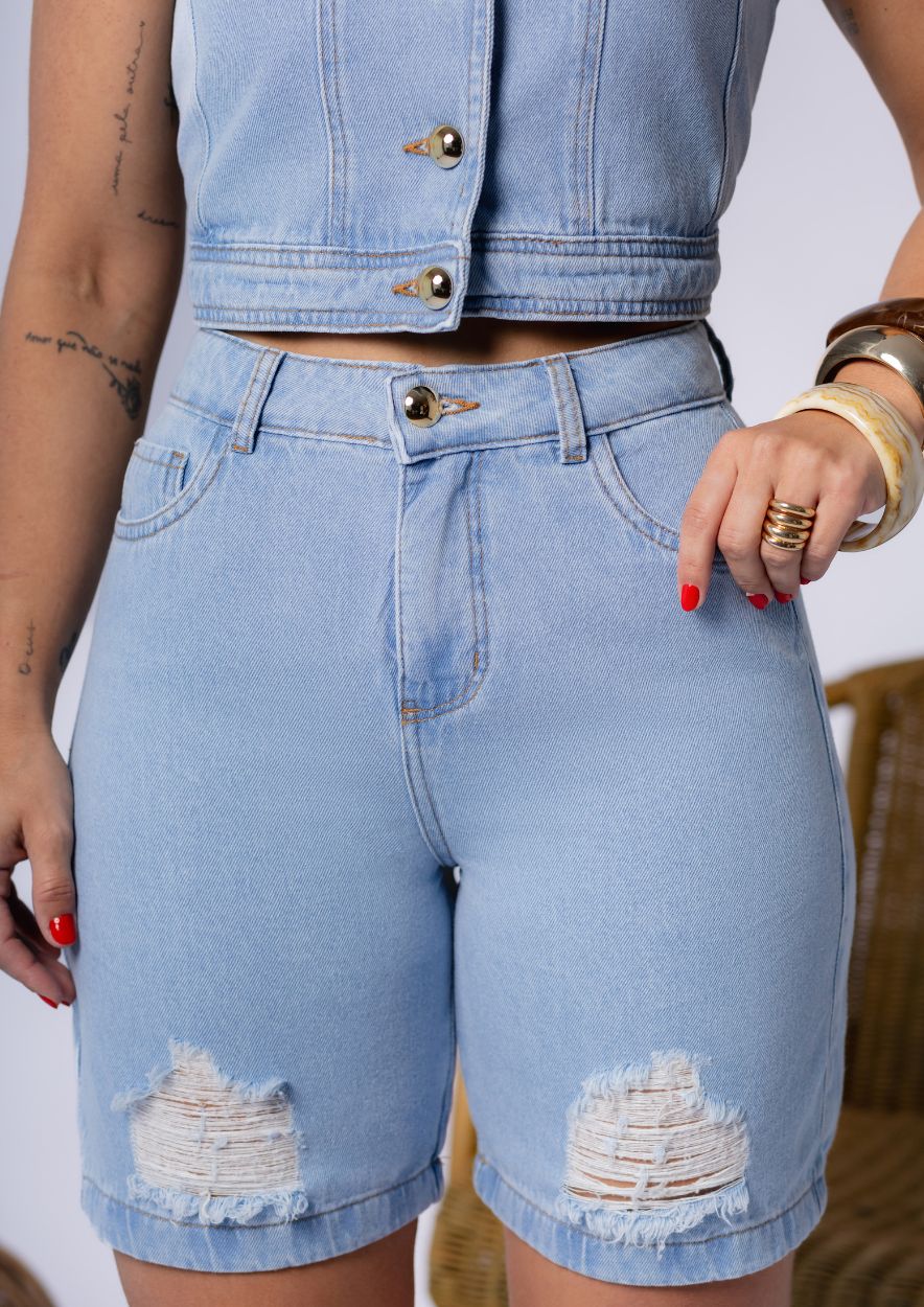 Bermuda Jeans Feminina Cintura Alta Destroyed - Imagem 2