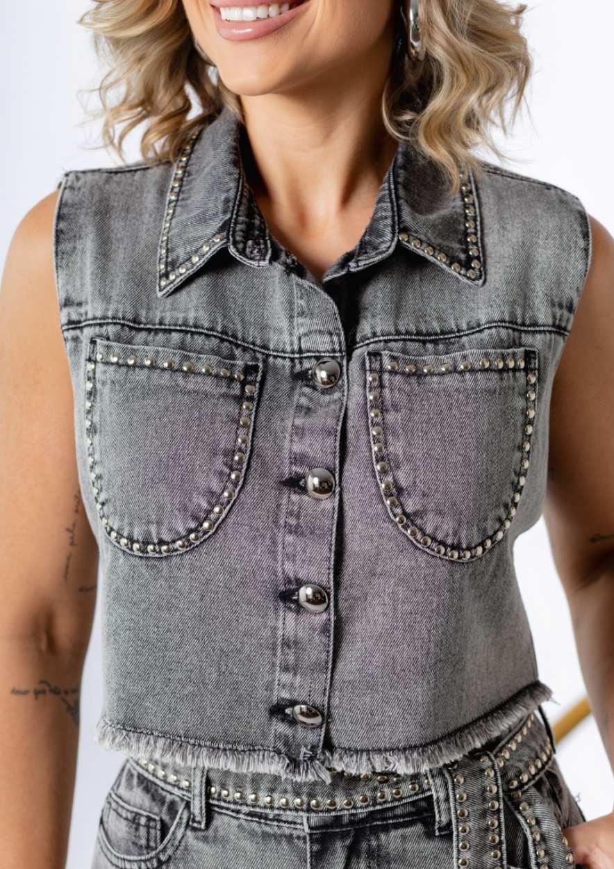 Colete Jeans Cinza Cropped