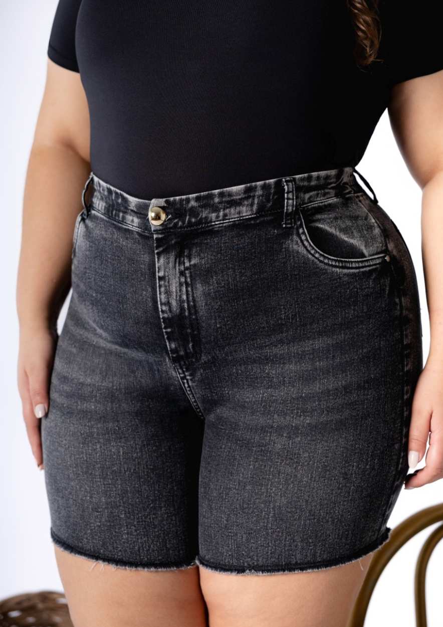 Bermuda confort Preto Lavado com Elástico na Cintura